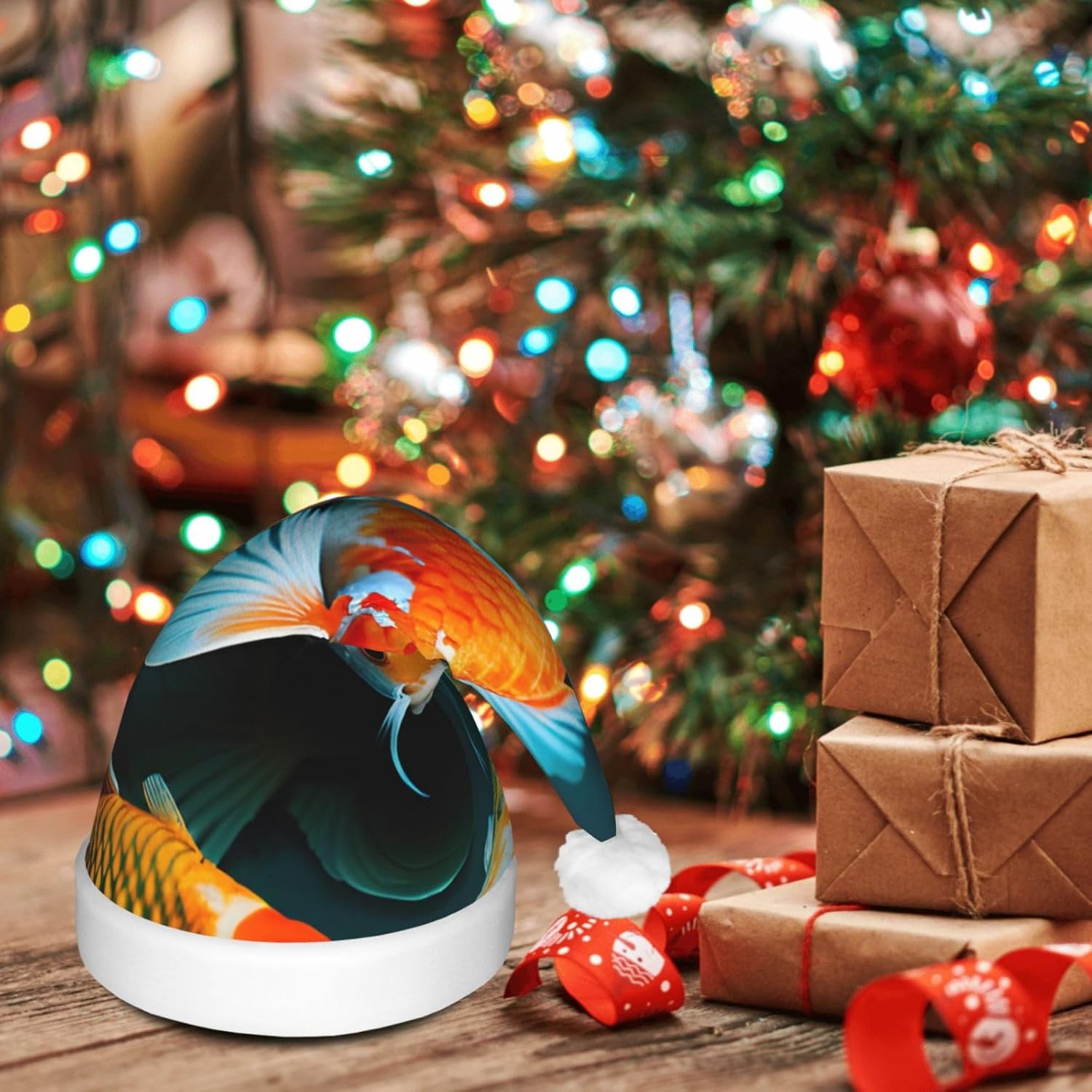 QinZheng HD Japanese Koi Fish Print Velvet Santa Hat with LED Lights