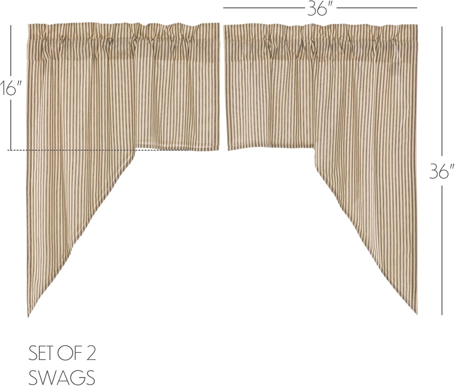 VHC Brands Charcoal Striped Swag Curtains 36 Inch