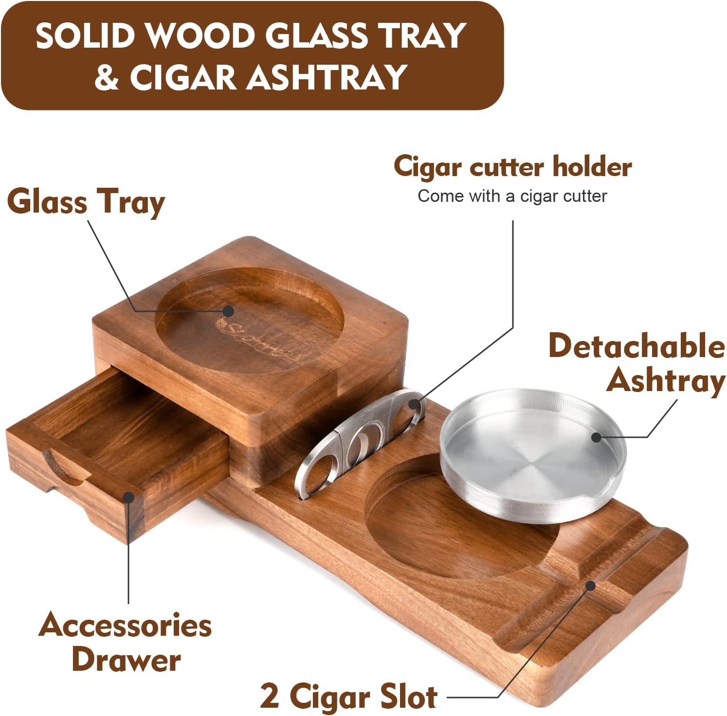 Scotte Wood Whiskey Tray with Cigar Cutter and Ashtray Drawer