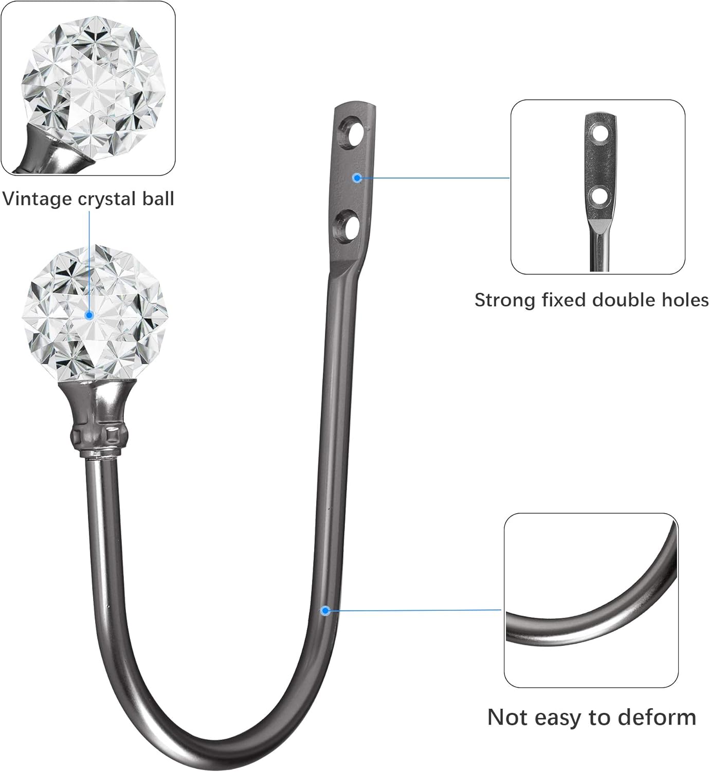 4Pcs Curtain Holdback with Clear Crystal Ball and Matt Black Metal Hooks