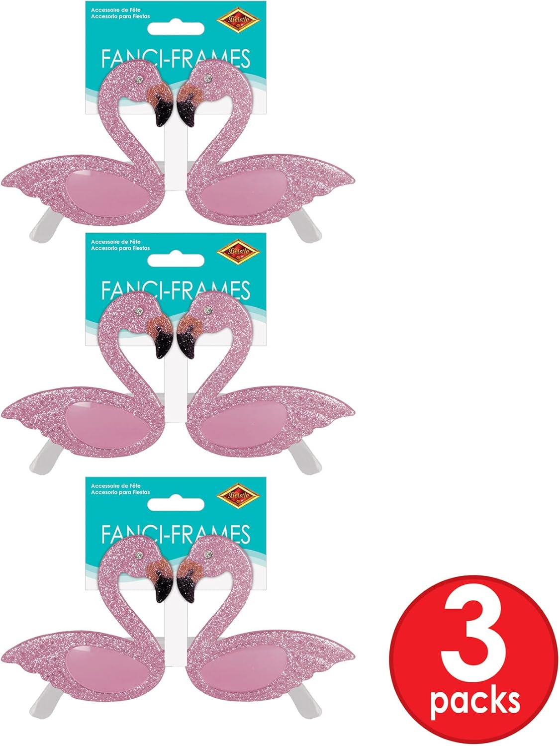 Beistle 3 Piece Glittered Flamingo Novelty Glasses for Luau Party Favors