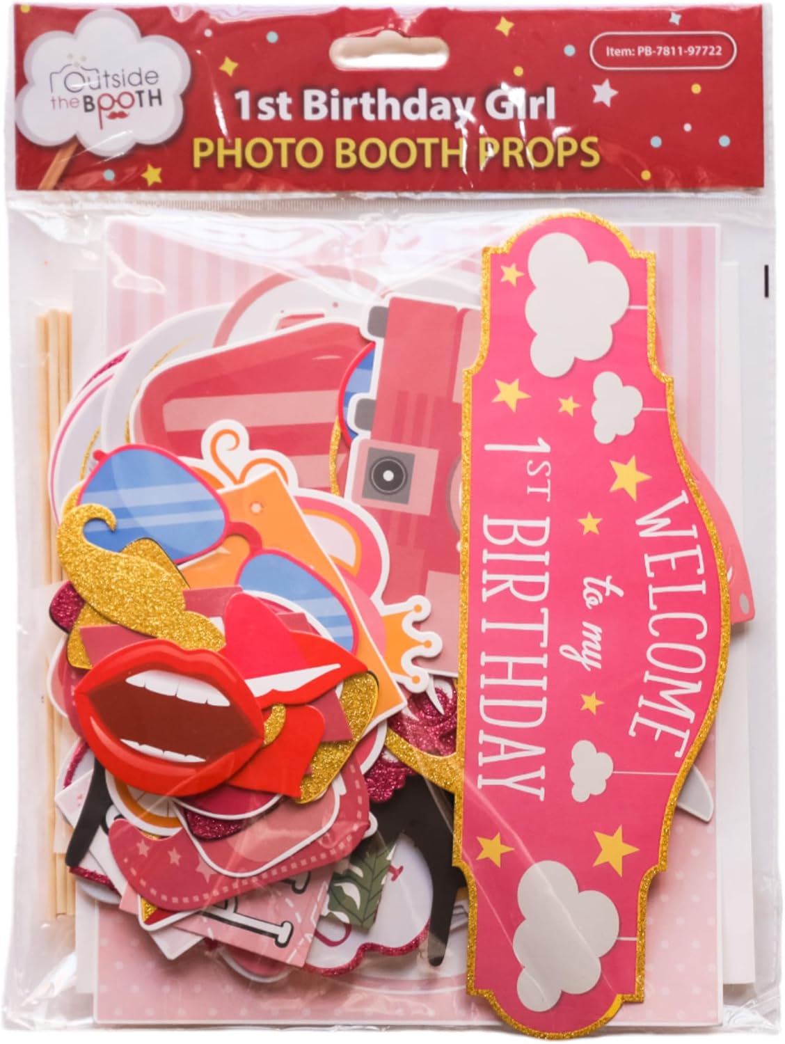 1st Birthday Photo Booth Props - 41 Piece Kit with Sign Sticks Adhesive Pads