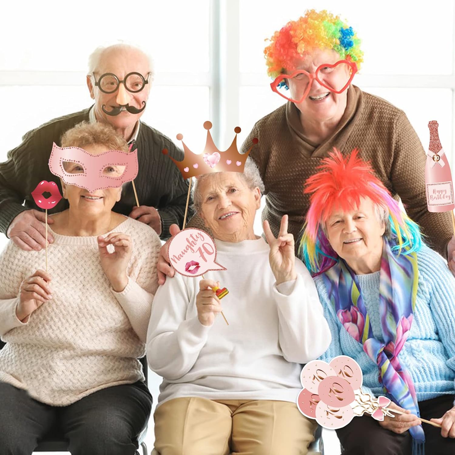 70th Birthday Photo Booth Props Kit - Rose Gold Design