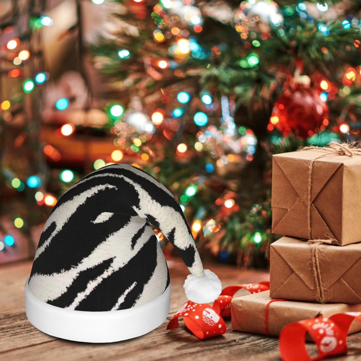 QINZHENG Zebra Print Santa Hat with LED Lights for Adults Christmas Party