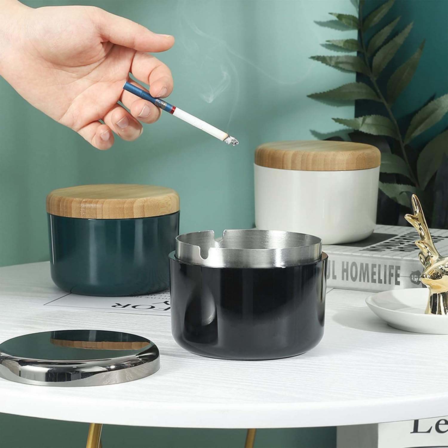 Modern Outdoor Cigarette Ashtray with Lid and Stainless Steel Inner Liner