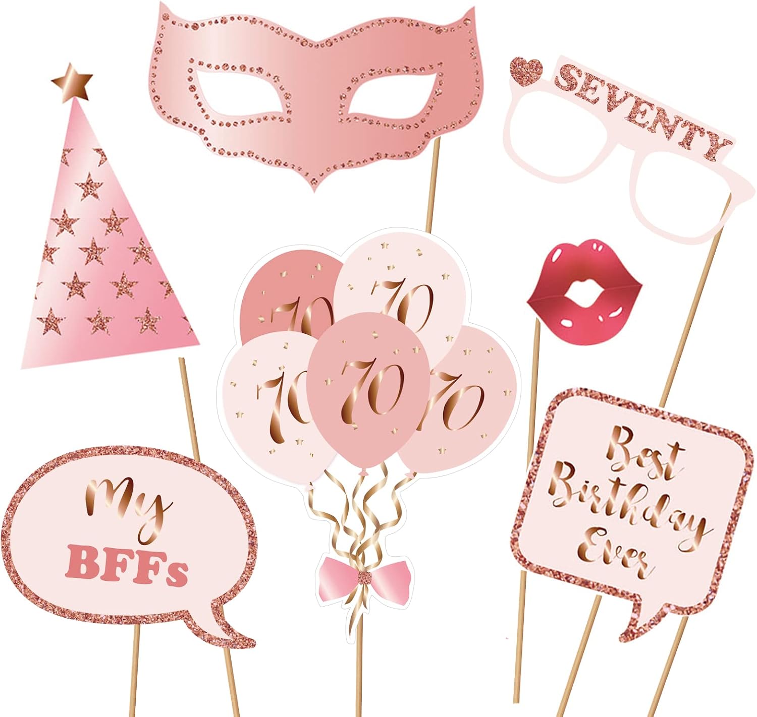 70th Birthday Photo Booth Props Kit - Rose Gold Design