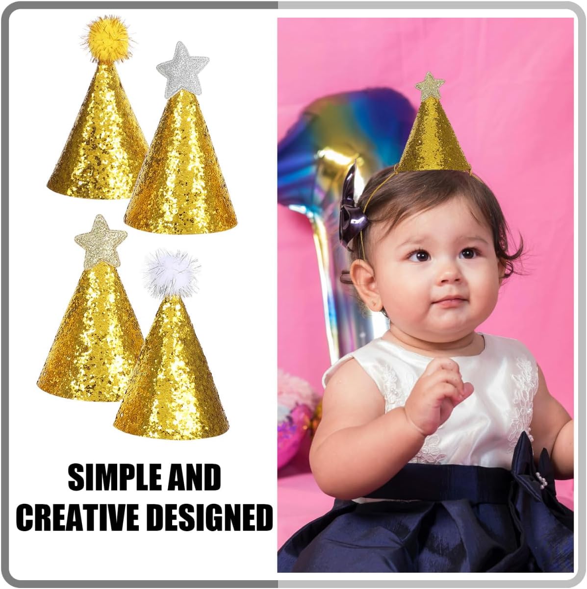 8pcs Golden Star Cone Party Hats with Glitter Ribbons