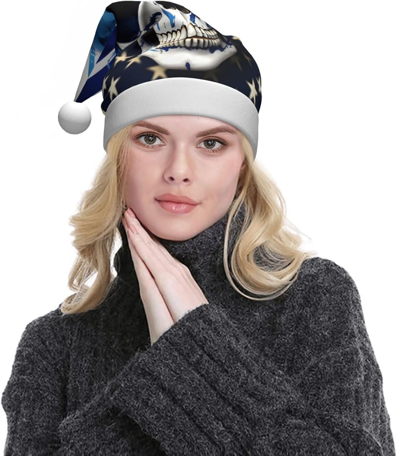 QINZHENG Personalized Santa Hat with Blue Stripe Stars Skull Print