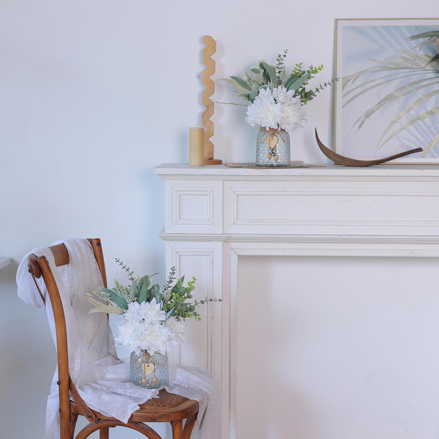 White Artificial Flowers with Vase Rustic Farmhouse Decor