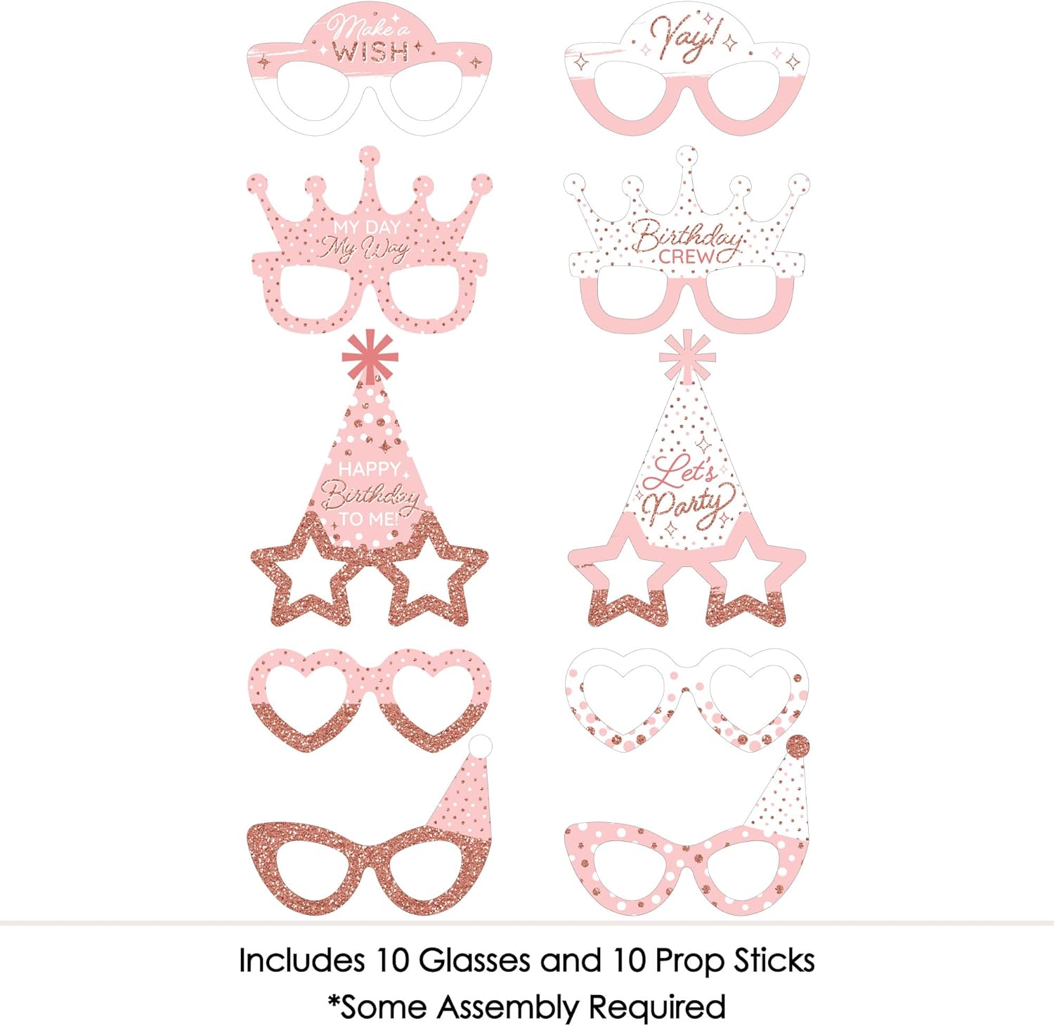 Pink Rose Gold Birthday Photo Booth Props Kit - 10 Count