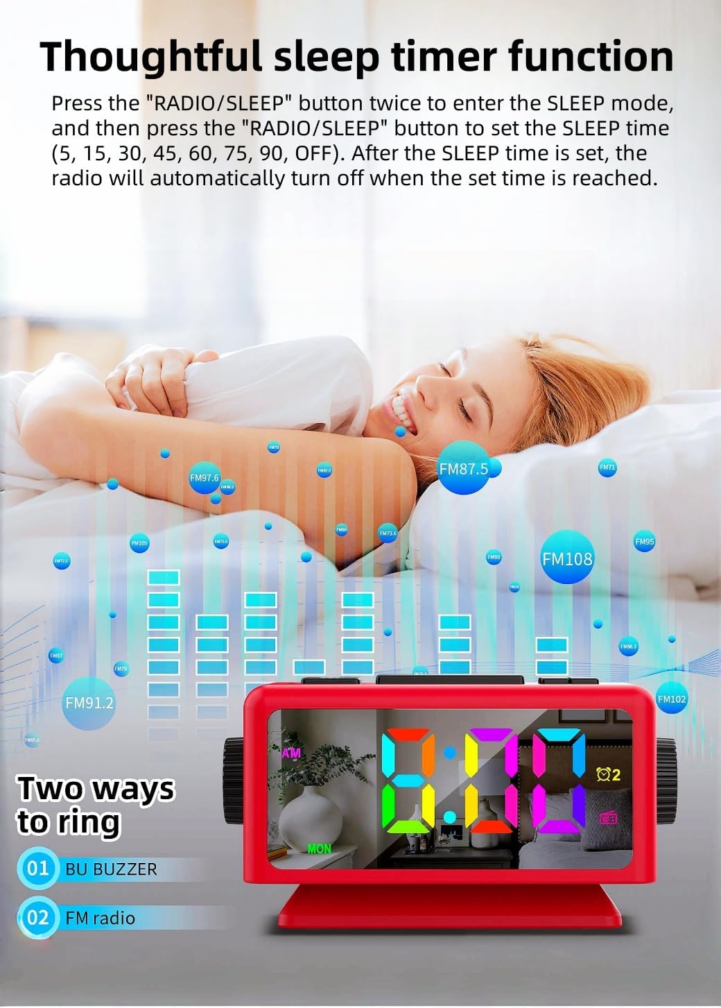 YHFITN Large Screen RGB Alarm Clock with 2 Alarms