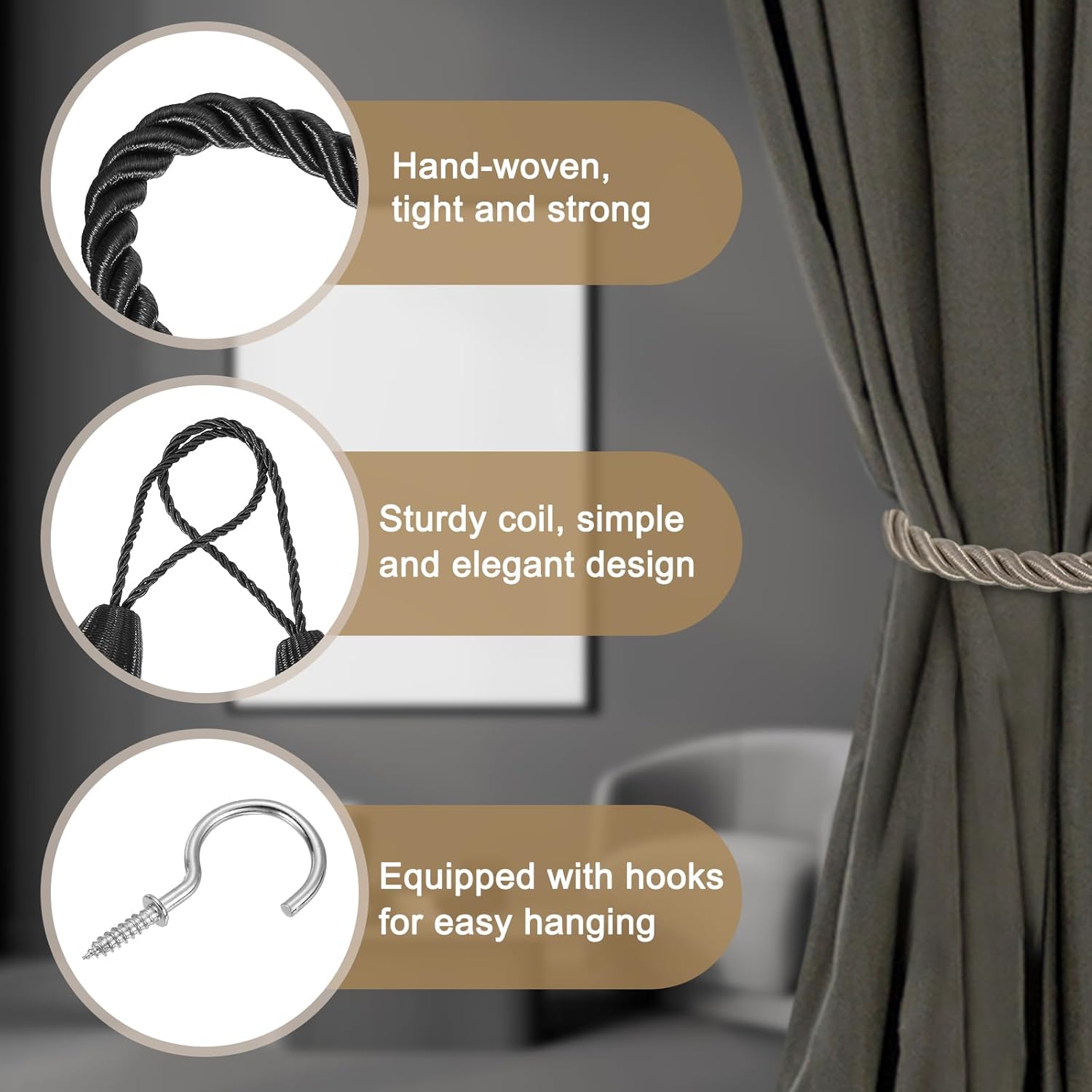 Uxcell 4 Pack Curtain Tiebacks with Metal Hooks Black