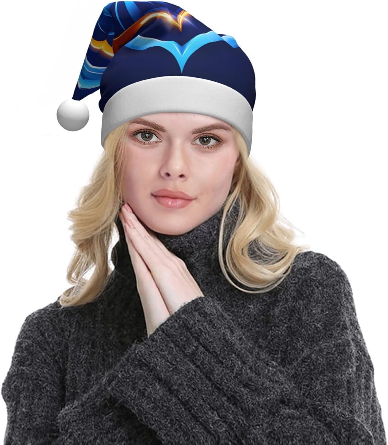 QINZHENG Sky Blue Heart Print Santa Hat for Women