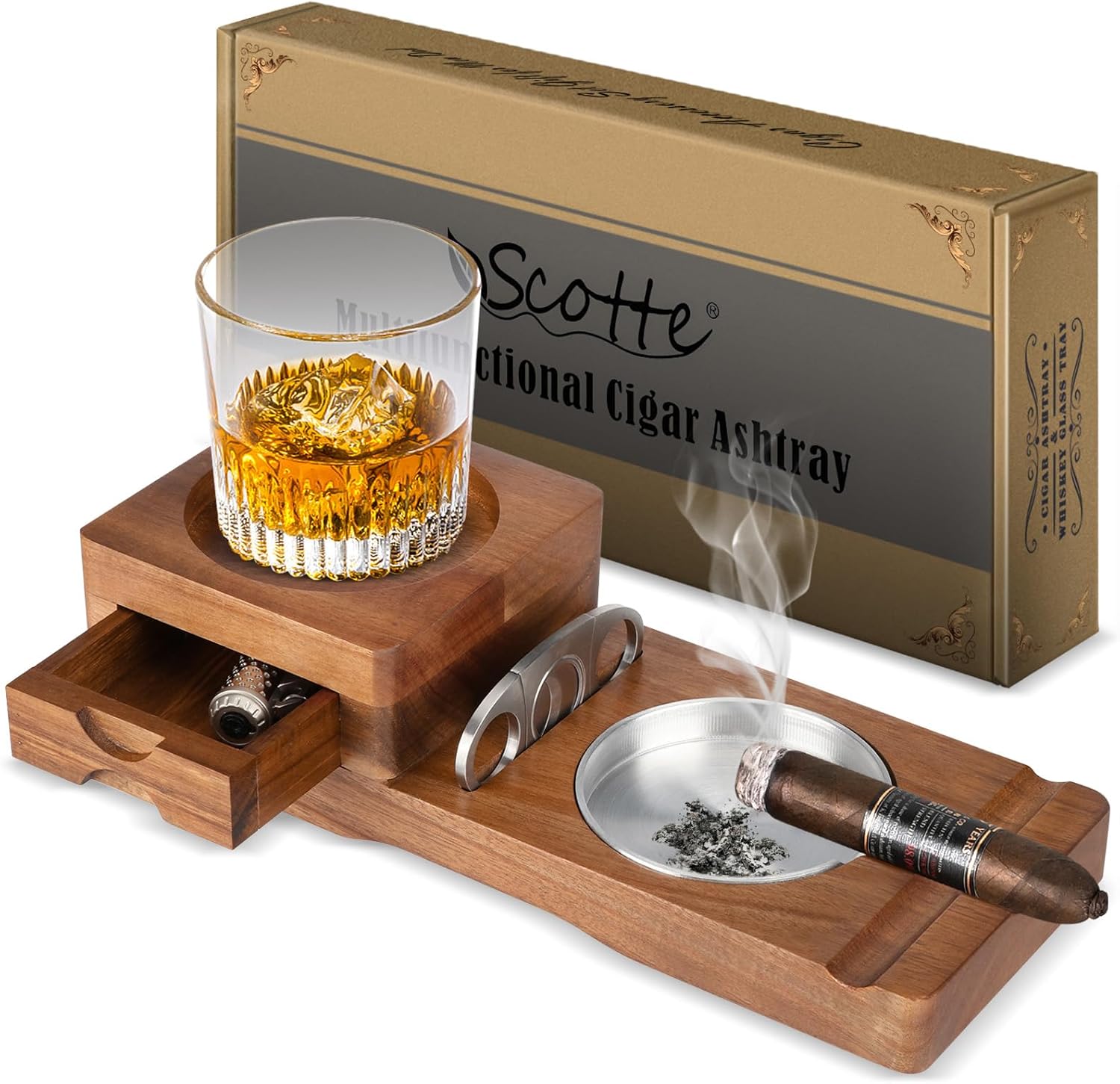 Scotte Wood Whiskey Tray with Cigar Cutter and Ashtray Drawer