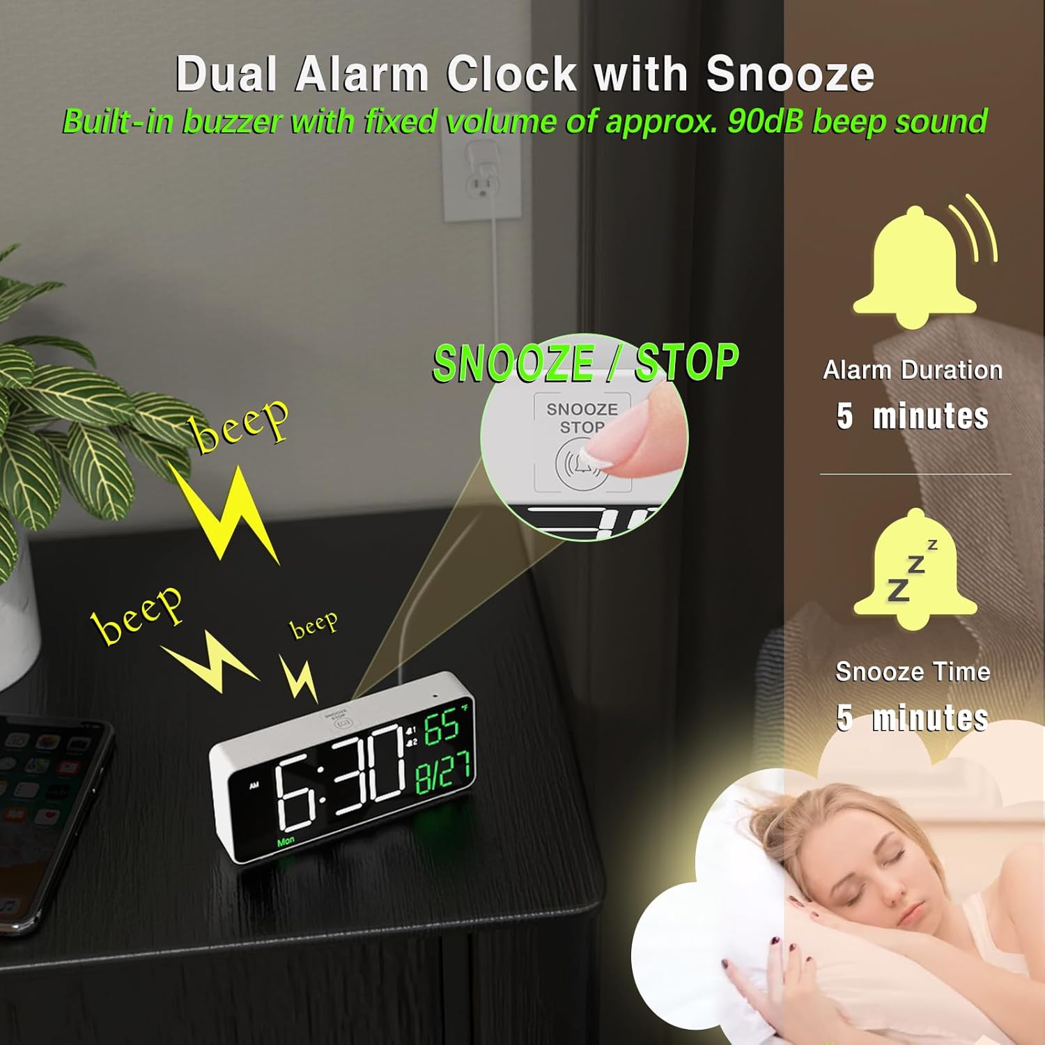 KOSUMOSU 67in Digital Alarm Clock with Auto Dimming