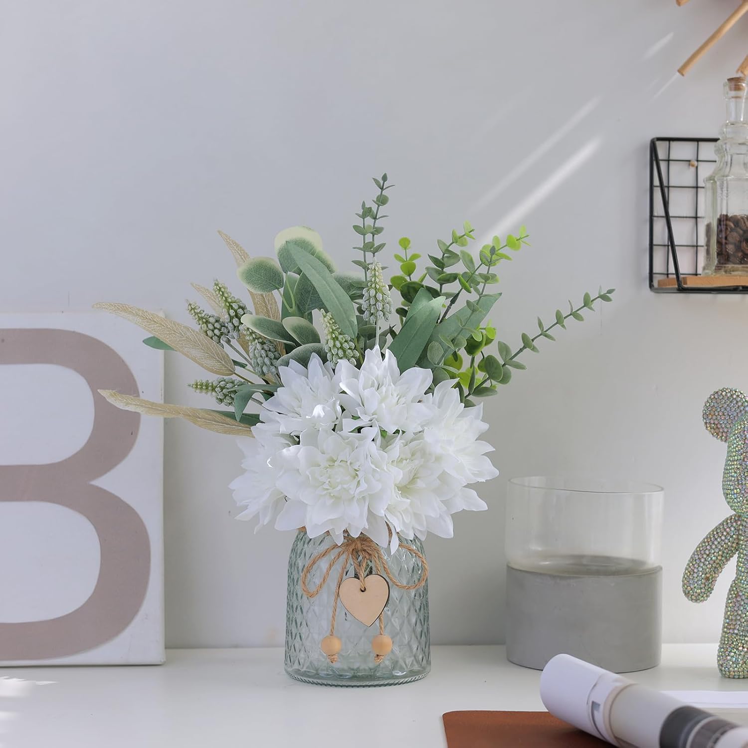 White Artificial Flowers with Vase Rustic Farmhouse Decor