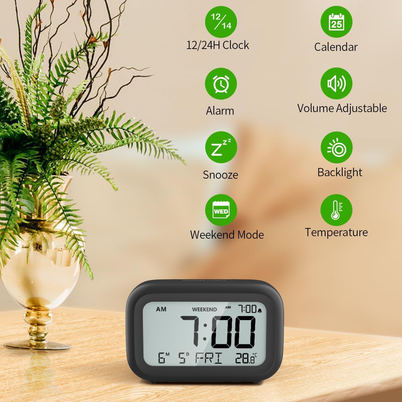 DOOMAY Digital Alarm Clock with LCD Display and Snooze