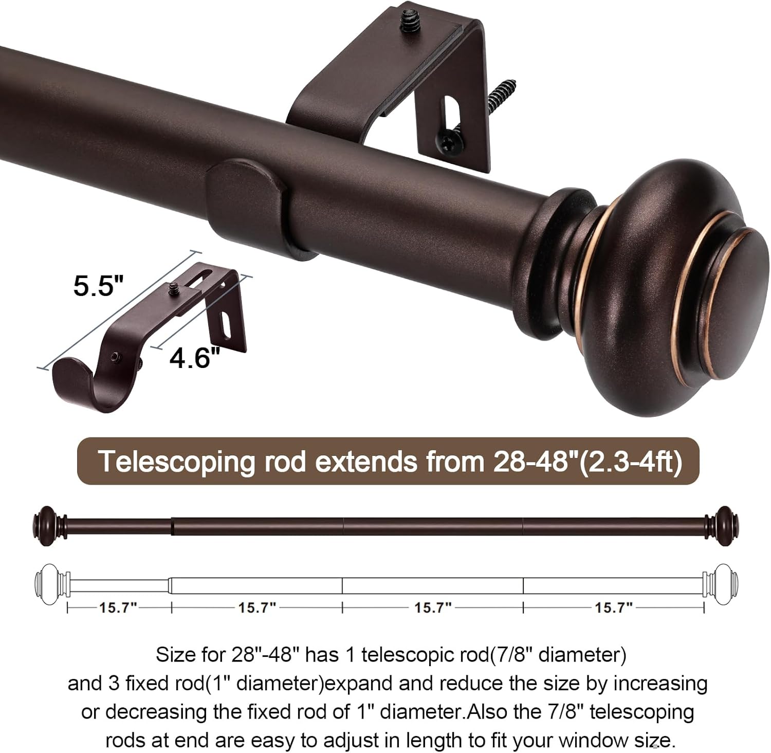 SIMEWIN Bronze Curtain Rods 28-48 Inches Adjustable Classic Finials