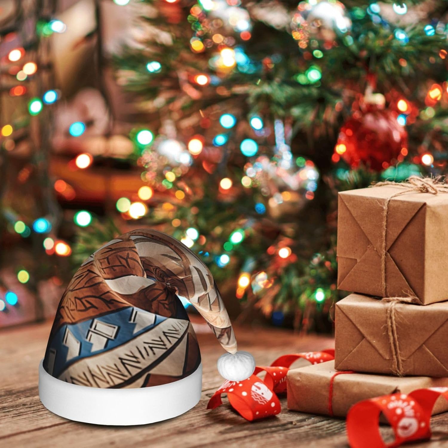 QINZHENG Native Pattern Print Santa Hat for Women