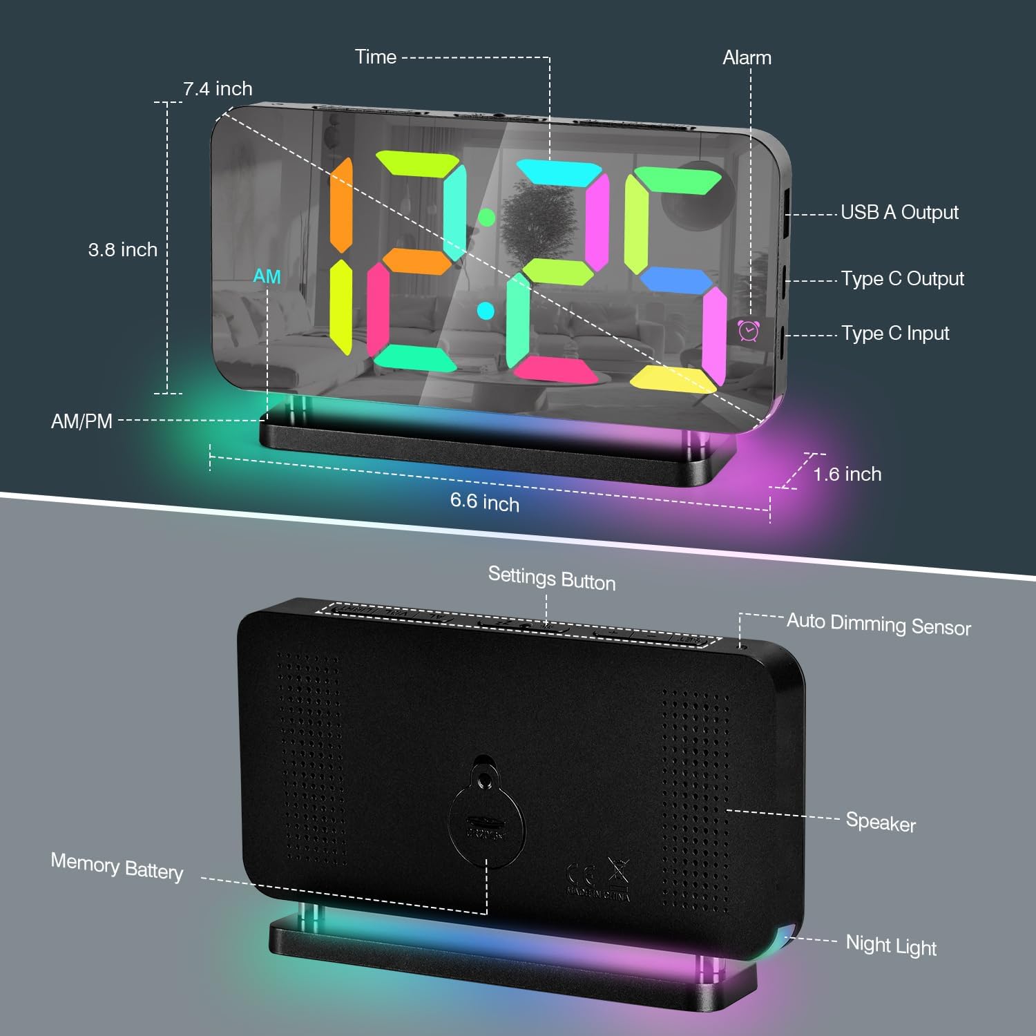 Poeroa Digital Alarm Clock with RGB Night Light and Large Display - Black