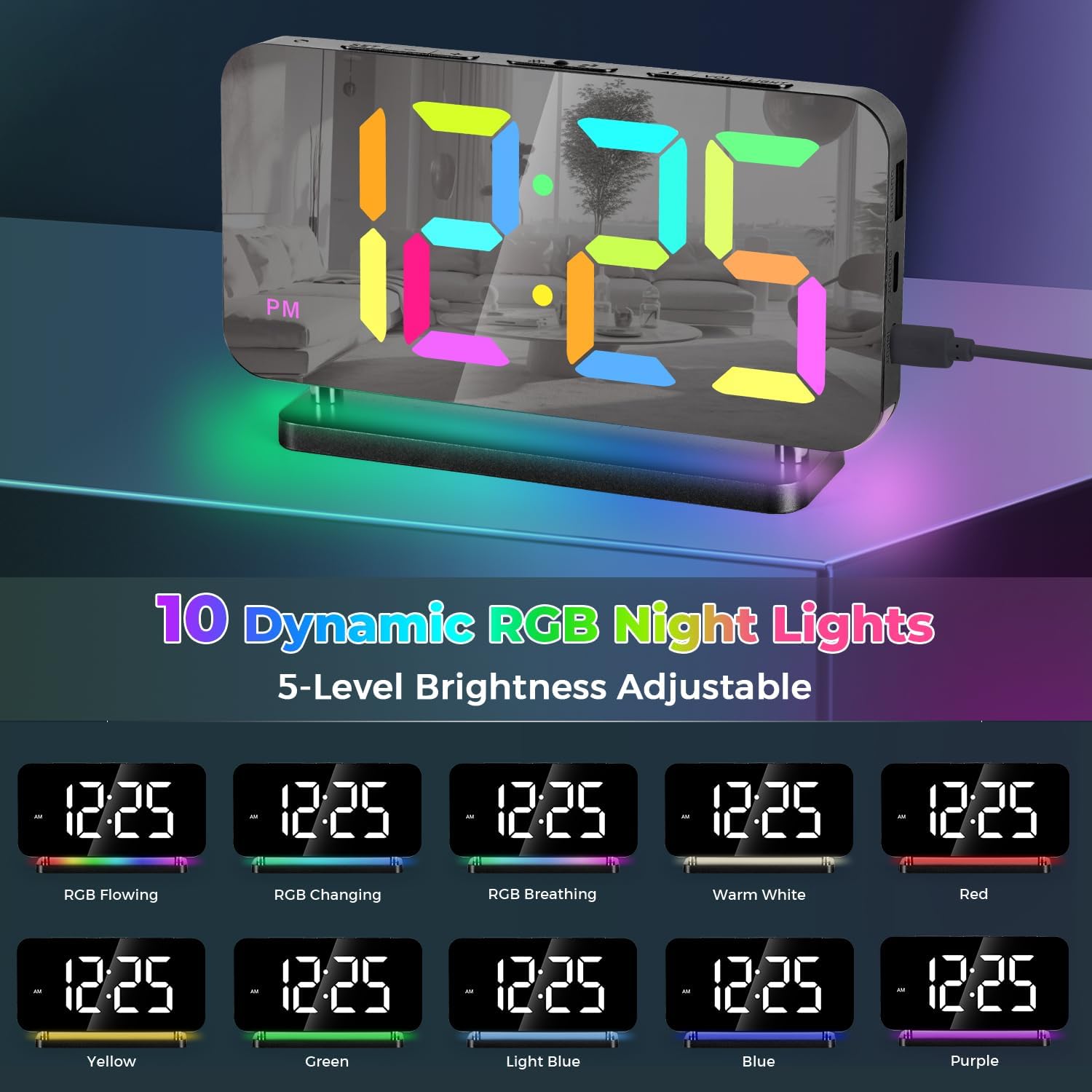 Poeroa Digital Alarm Clock with RGB Night Light and Large Display - Black