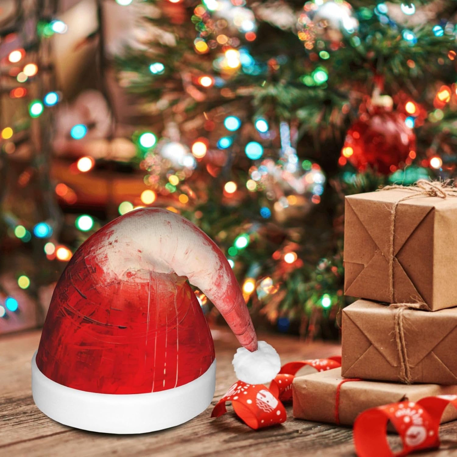 QINZHENG LED Christmas Santa Hat with Abstract Painting Print