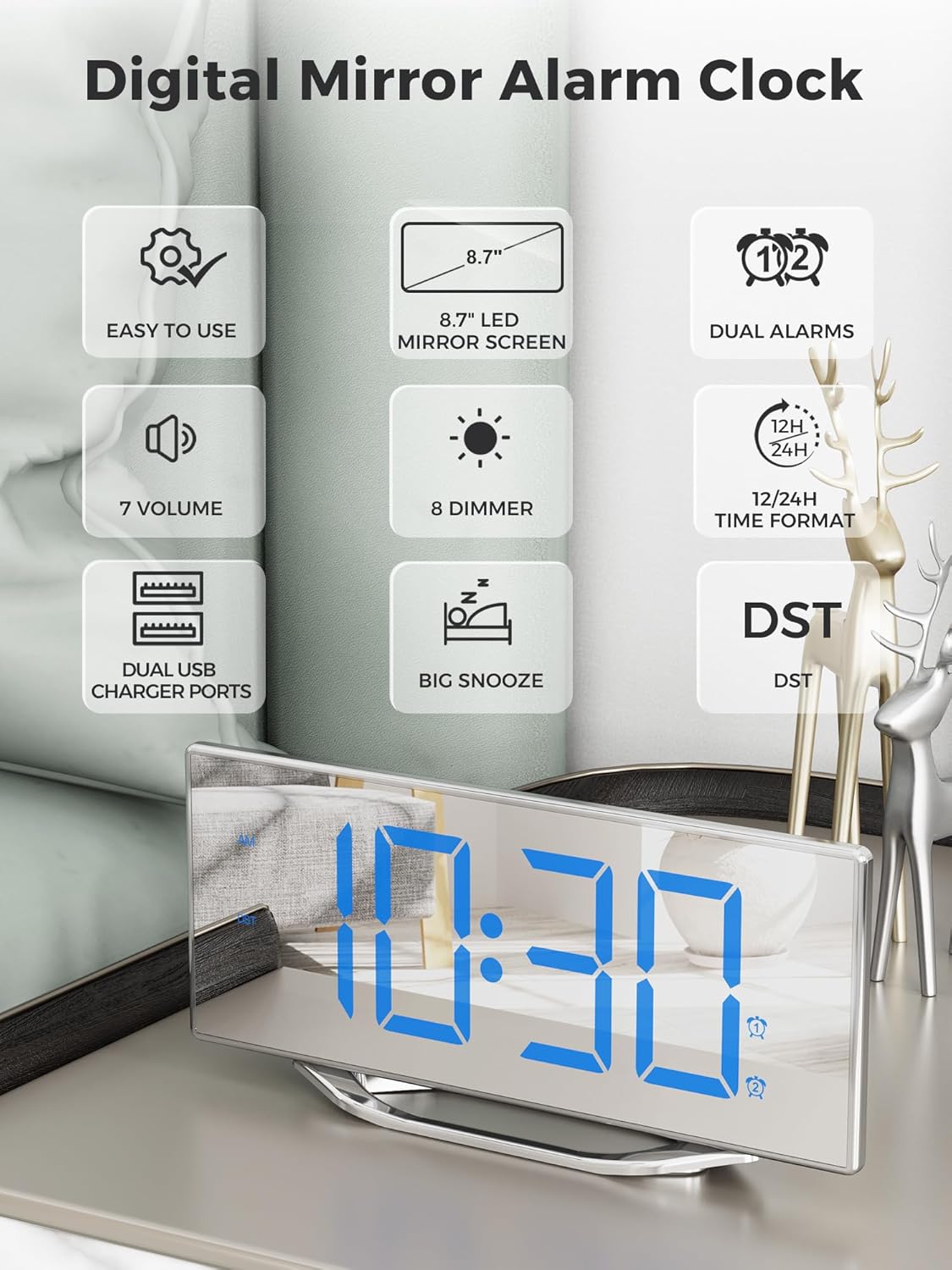 PPLEE 87 LED Mirror Alarm Clock with Dual Alarms