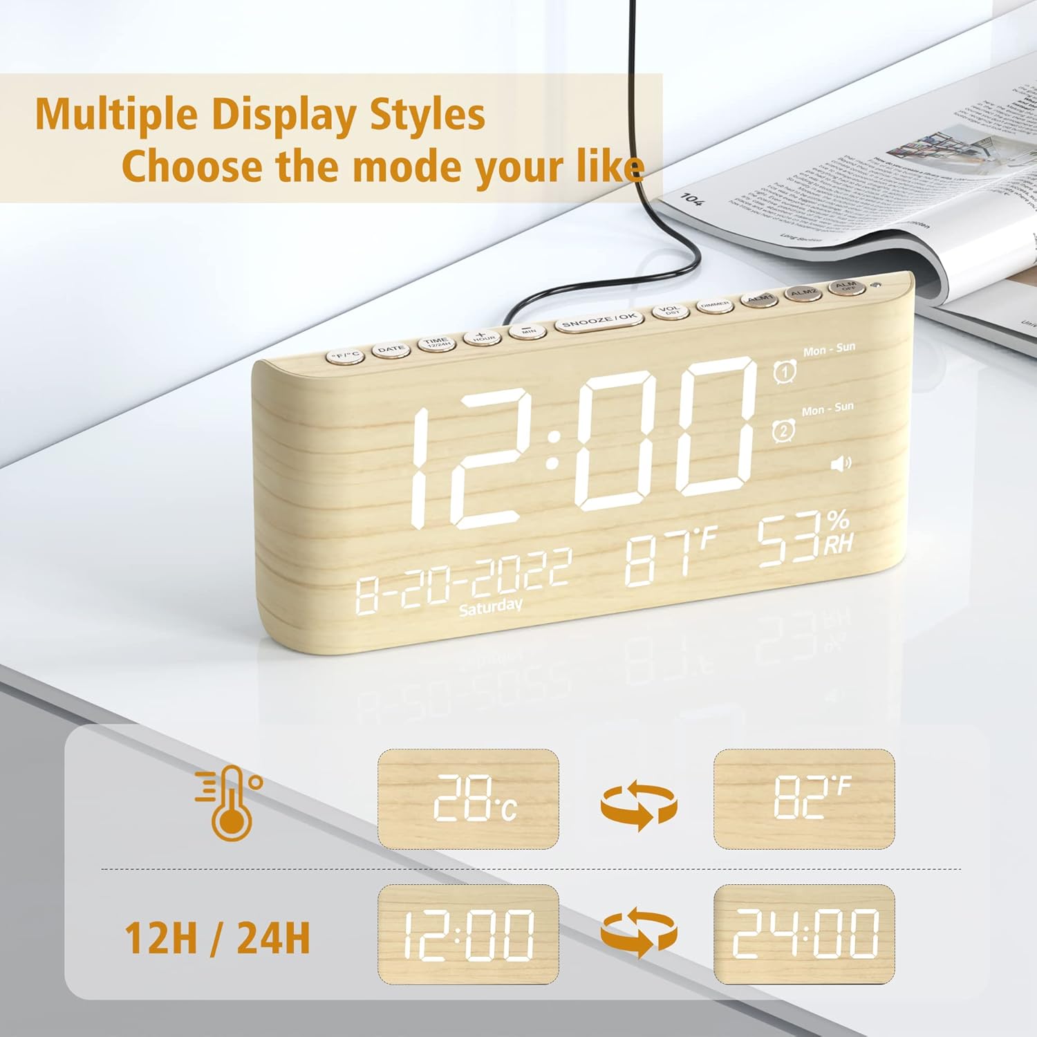 Mesqool Digital Alarm Clock with Temperature Humidity and Brightness Control
