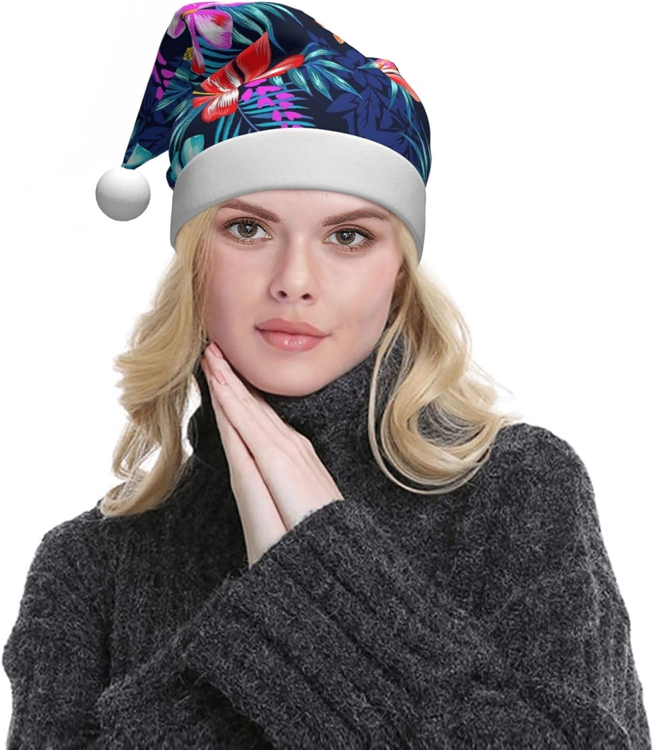 QINZHENG Personalized Floral Blue Santa Hat for Women Adult Christmas Headwear