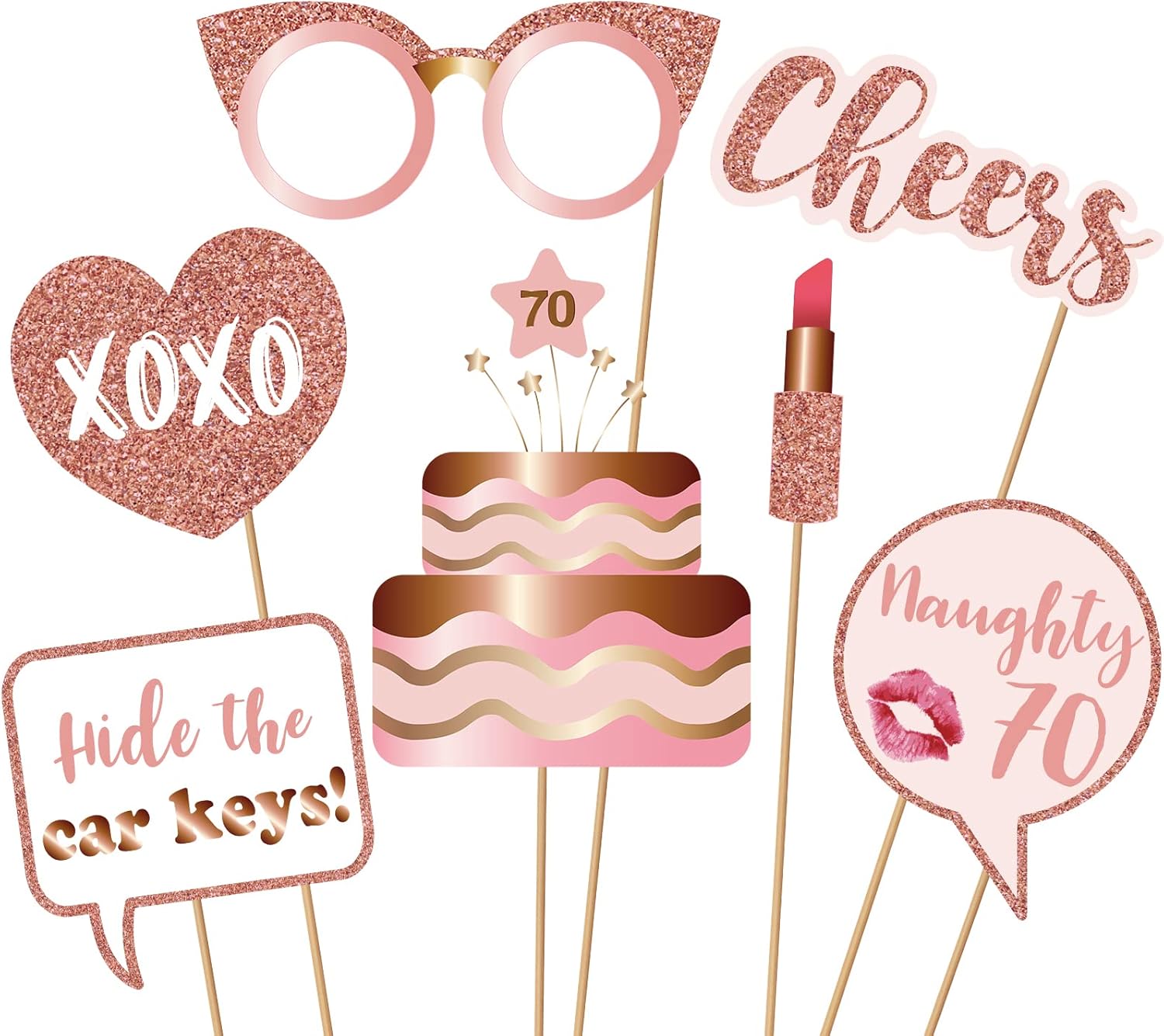 70th Birthday Photo Booth Props Kit - Rose Gold Design