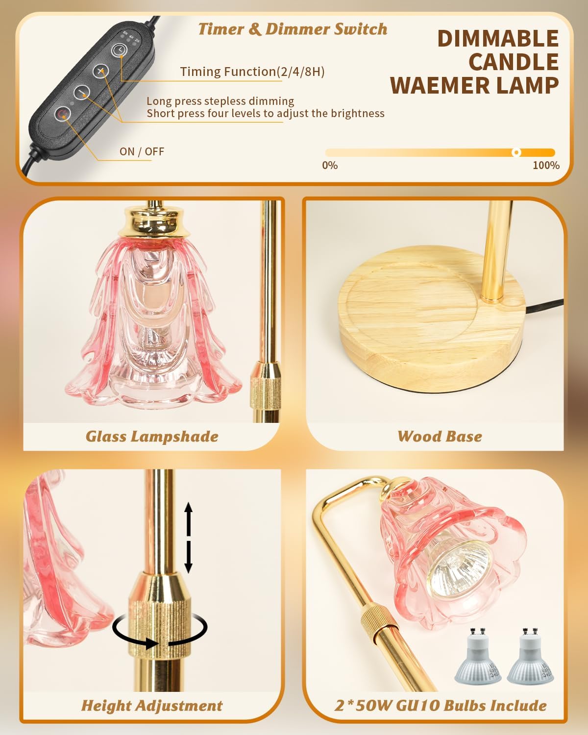 SupBri Candle Warmer Lamp with Timer and Dimmer Adjustable Height Pink Design