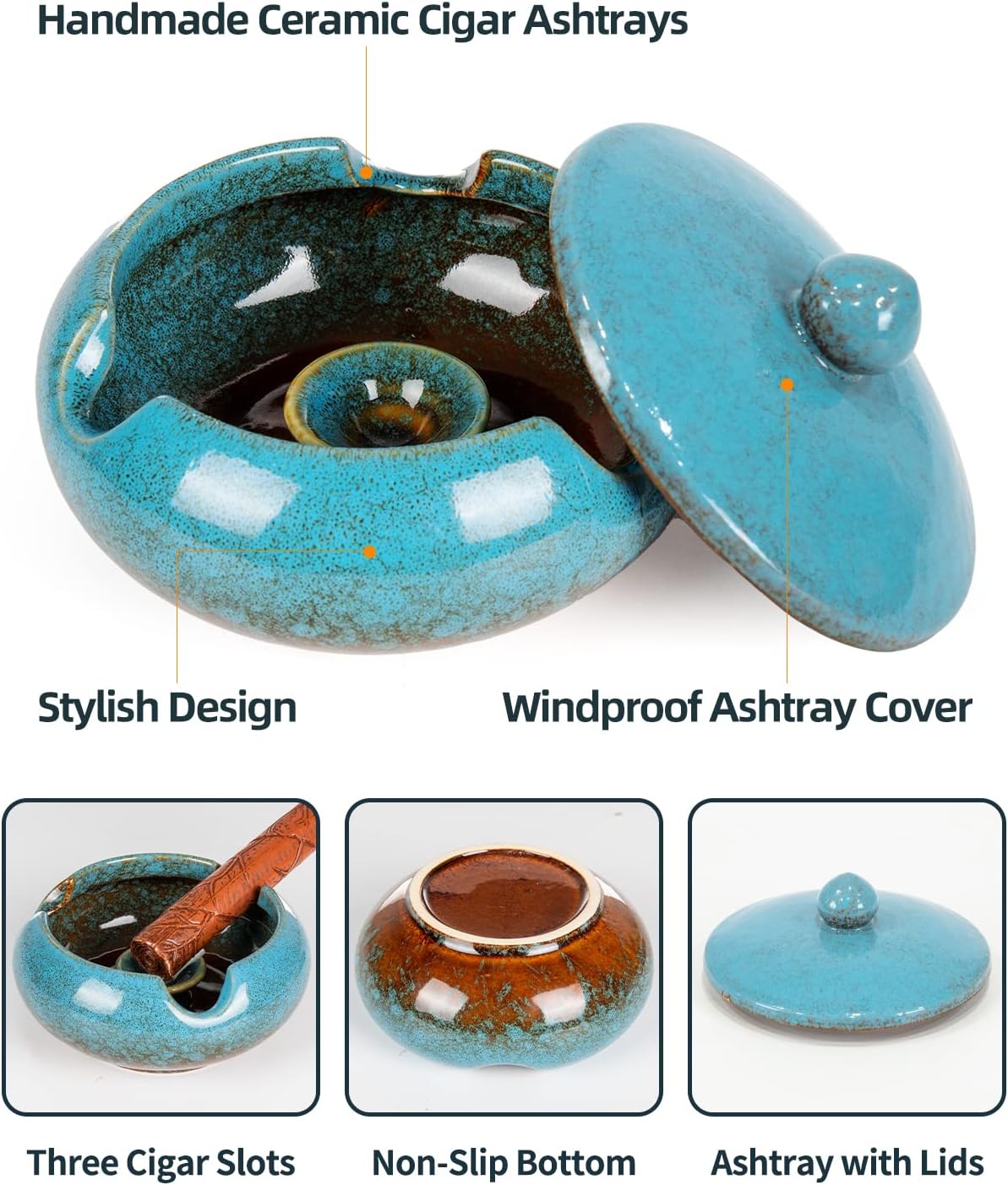 Ceramic Ashtray with Lid Windproof Cigar Holder for Home Office Outdoor