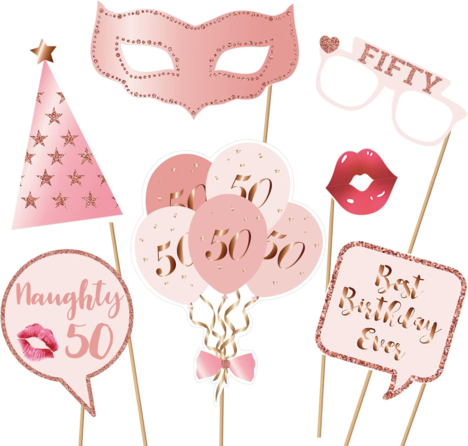 50th Birthday Photo Booth Props Kit Rose Gold