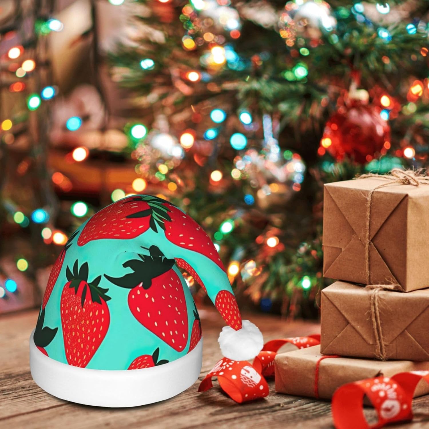 QINZHENG LED Light Up Strawberry Santa Hat for Adults Christmas Party Hat