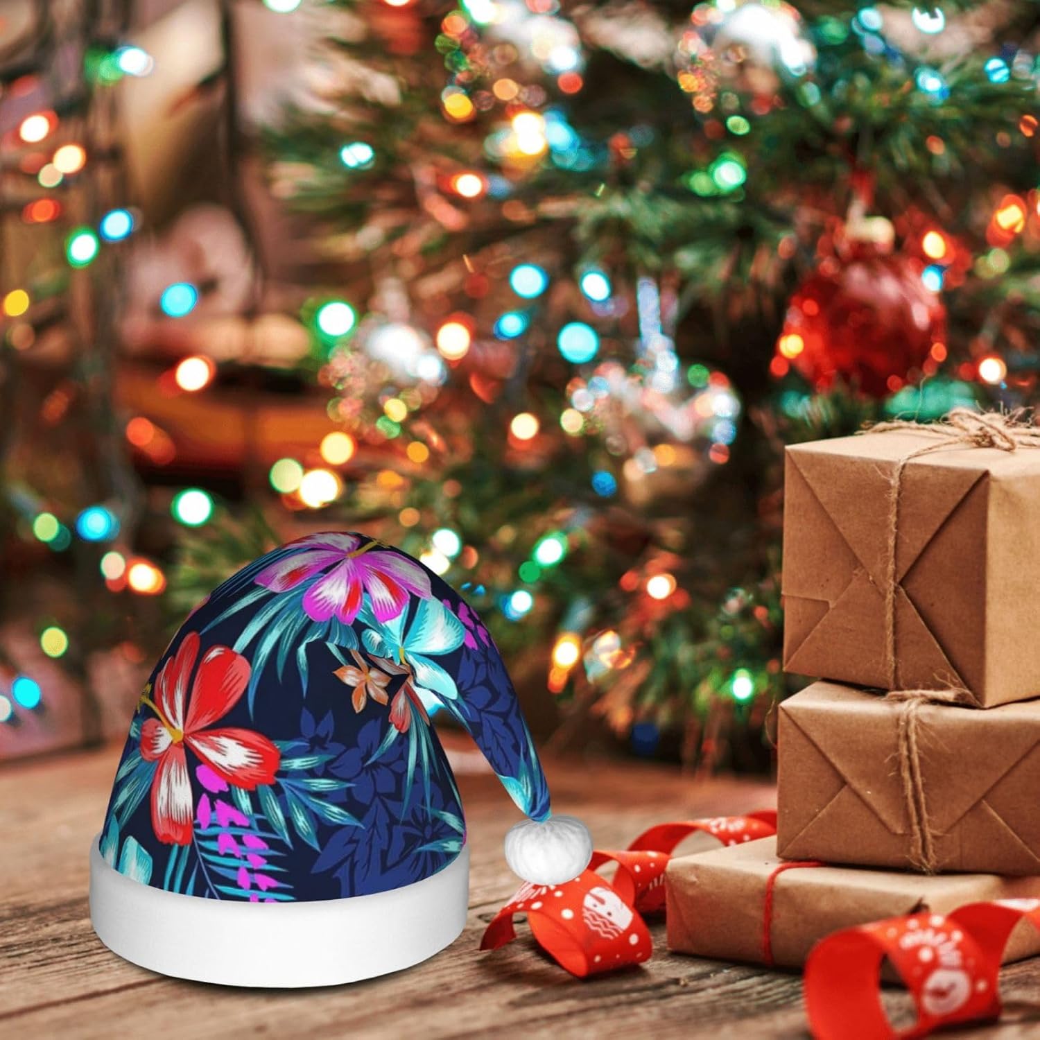 QINZHENG Personalized Floral Blue Santa Hat for Women Adult Christmas Headwear