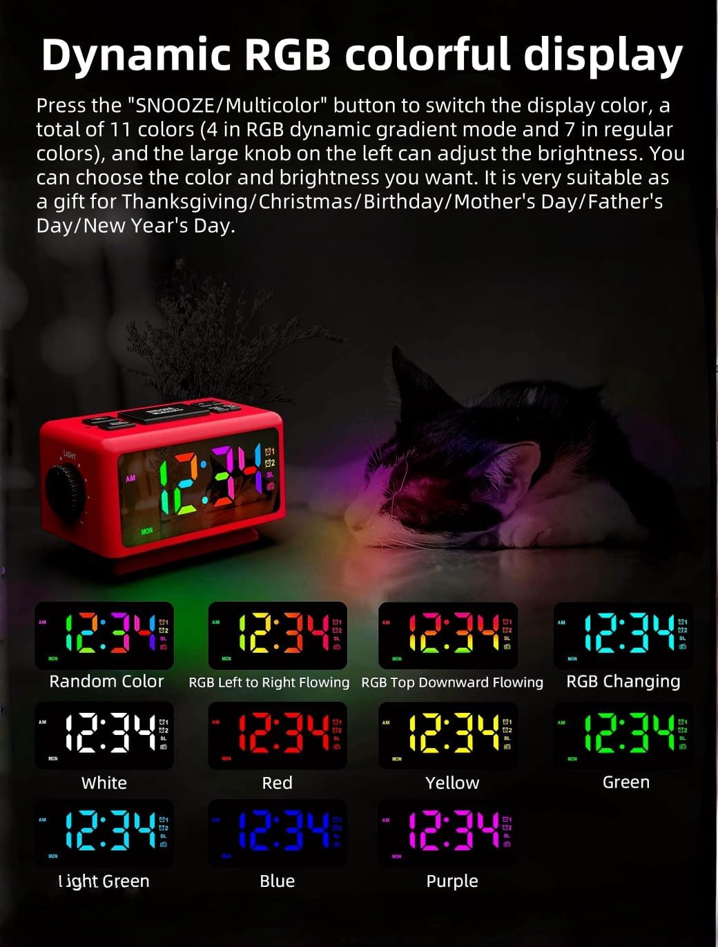 YHFITN Large Screen RGB Alarm Clock with 2 Alarms