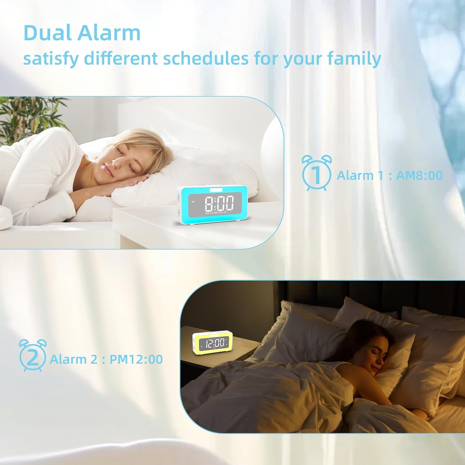 Cooluck Dual Alarm Clock with LED Night Lights and White Noise