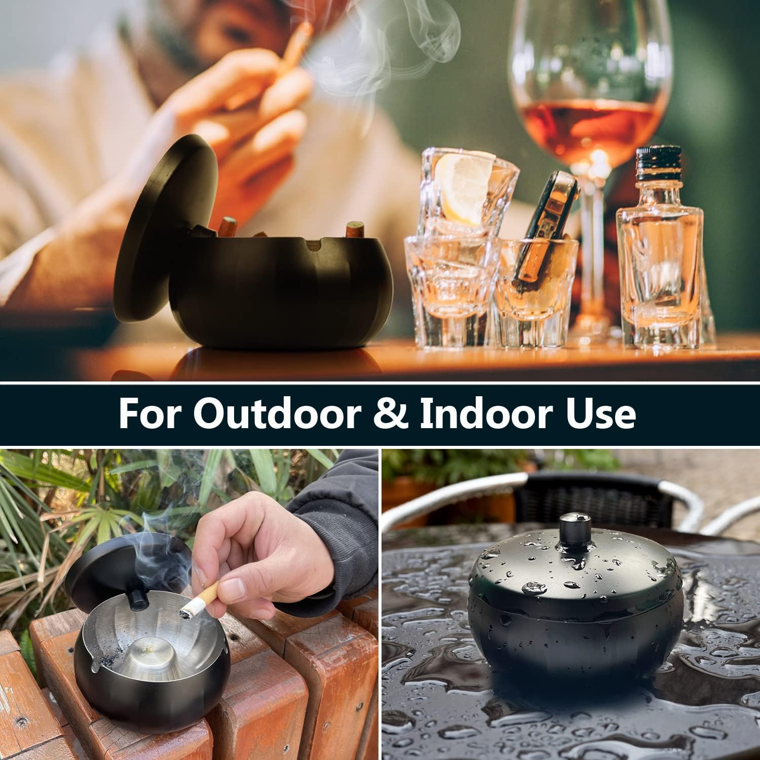 Stainless Steel Ashtray with Lid Windproof and Smokeless