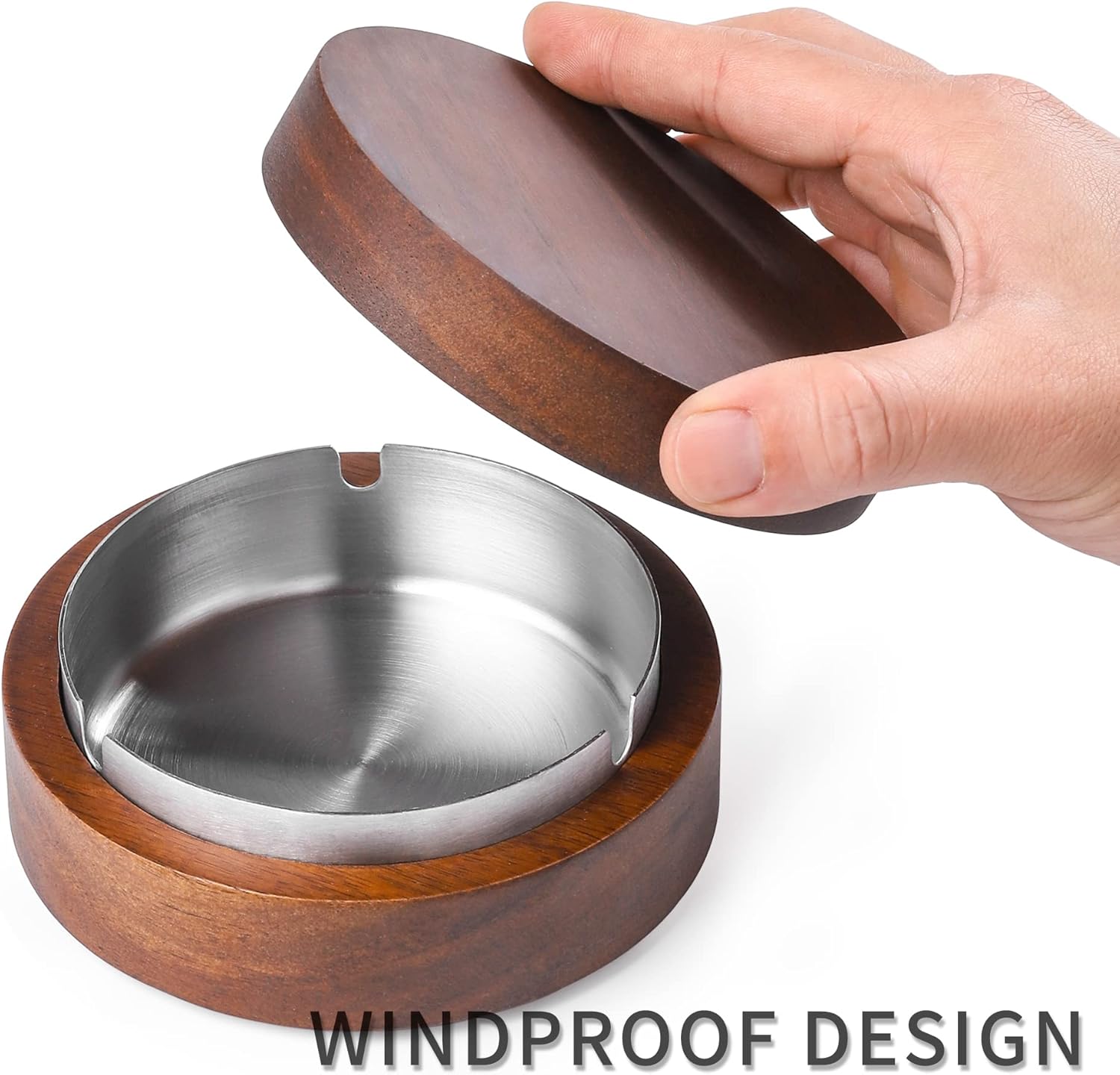 Wooden Ashtray with Lid and Stainless Steel Liner