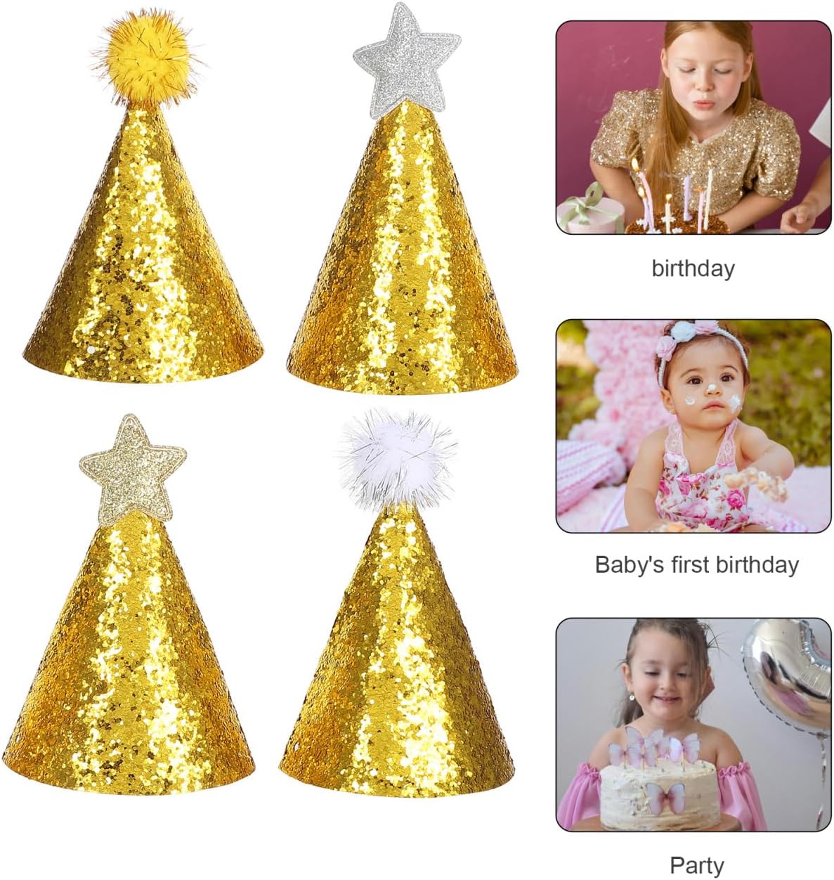 8pcs Golden Star Cone Party Hats with Glitter Ribbons