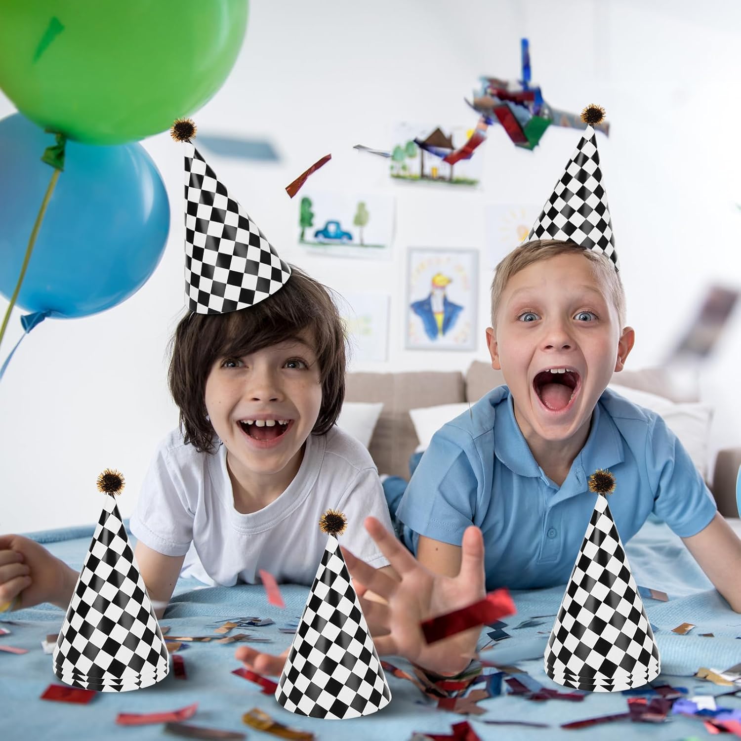 60PCS Race Car Themed Paper Cone Hats with Pom Poms and Elastic