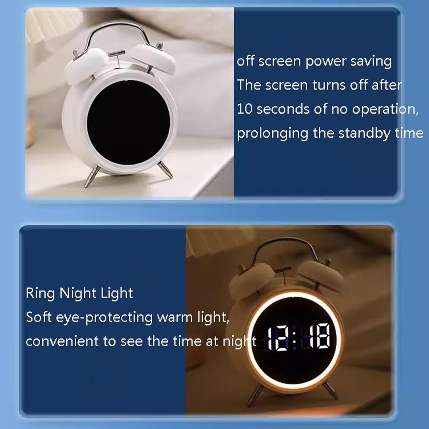 Rechargeable Double Bell Alarm Clock with Night Light