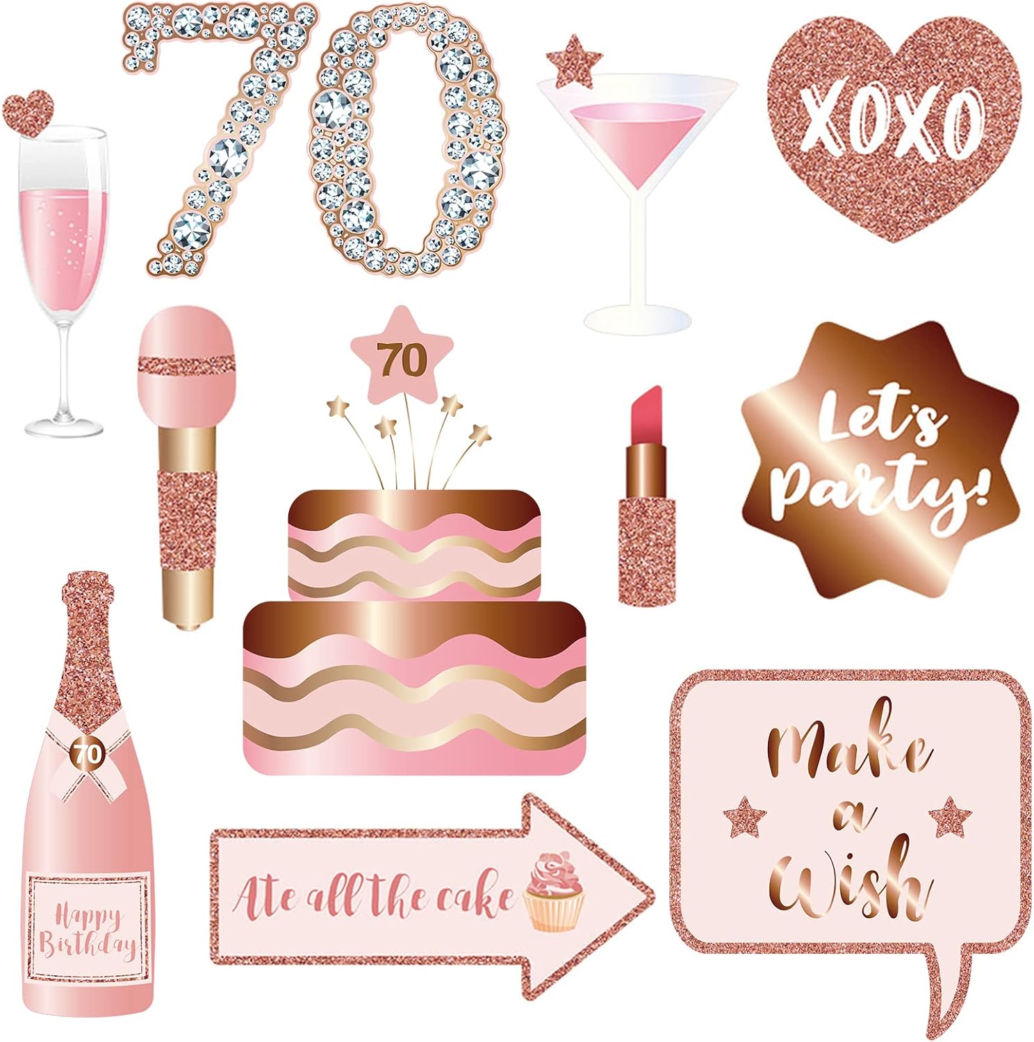 70th Birthday Photo Booth Props Kit - Rose Gold Design