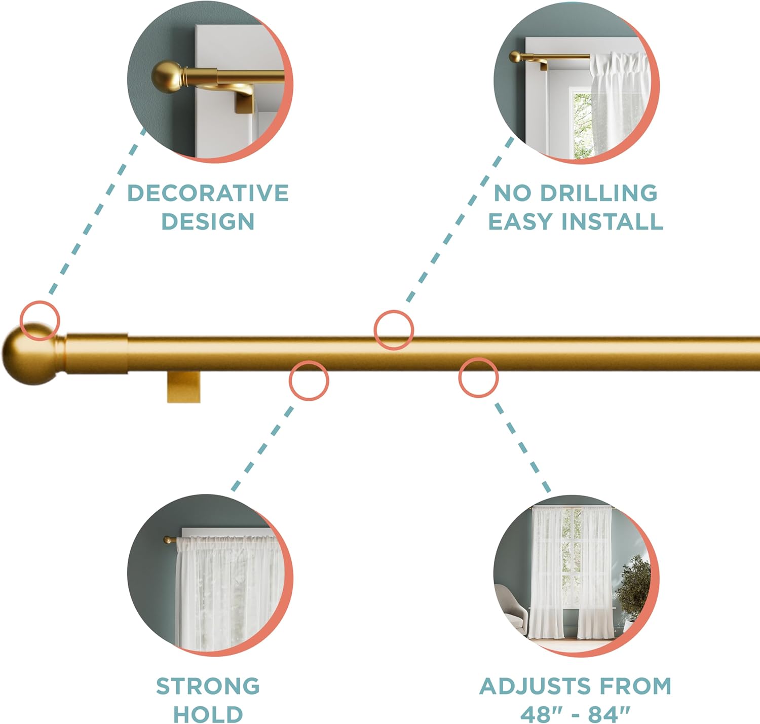 Zenna Home Gold Adjustable Tension Rod with Decorative Ball Ends