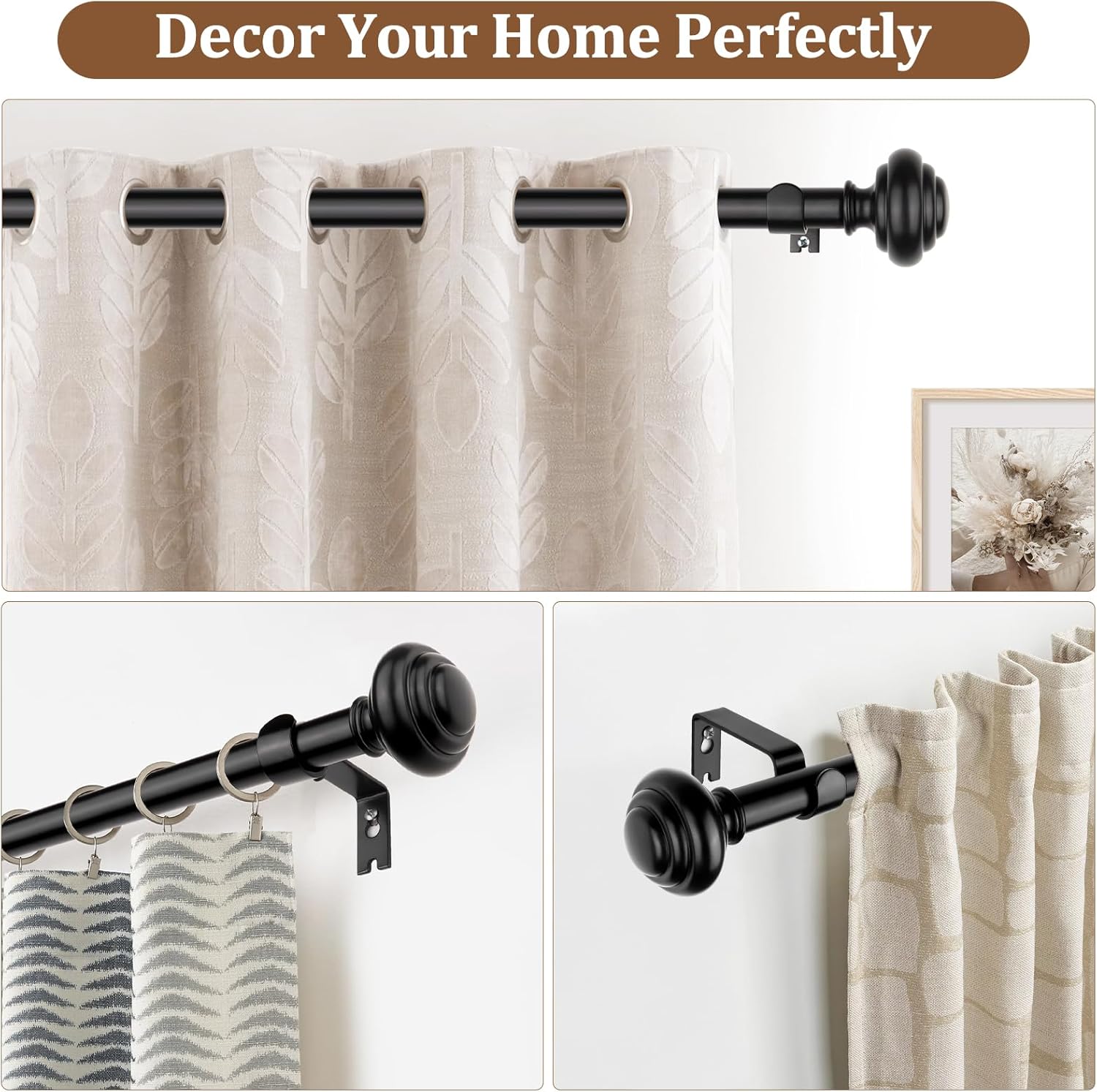 KAMANINA Black Curtain Rods 48-84 Inches Heavy Duty
