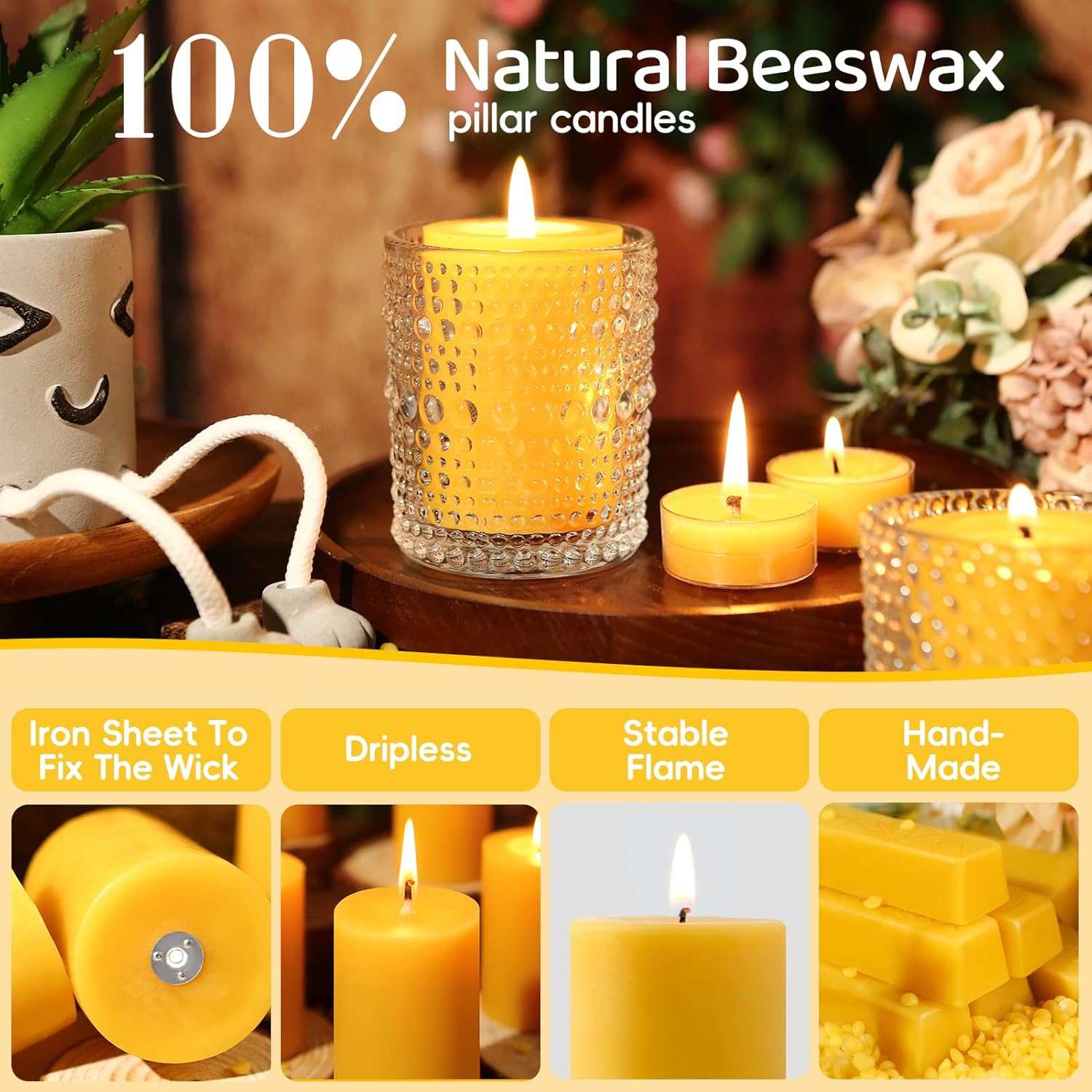 2x3 Inch Beeswax Pillar Candles Set of 3