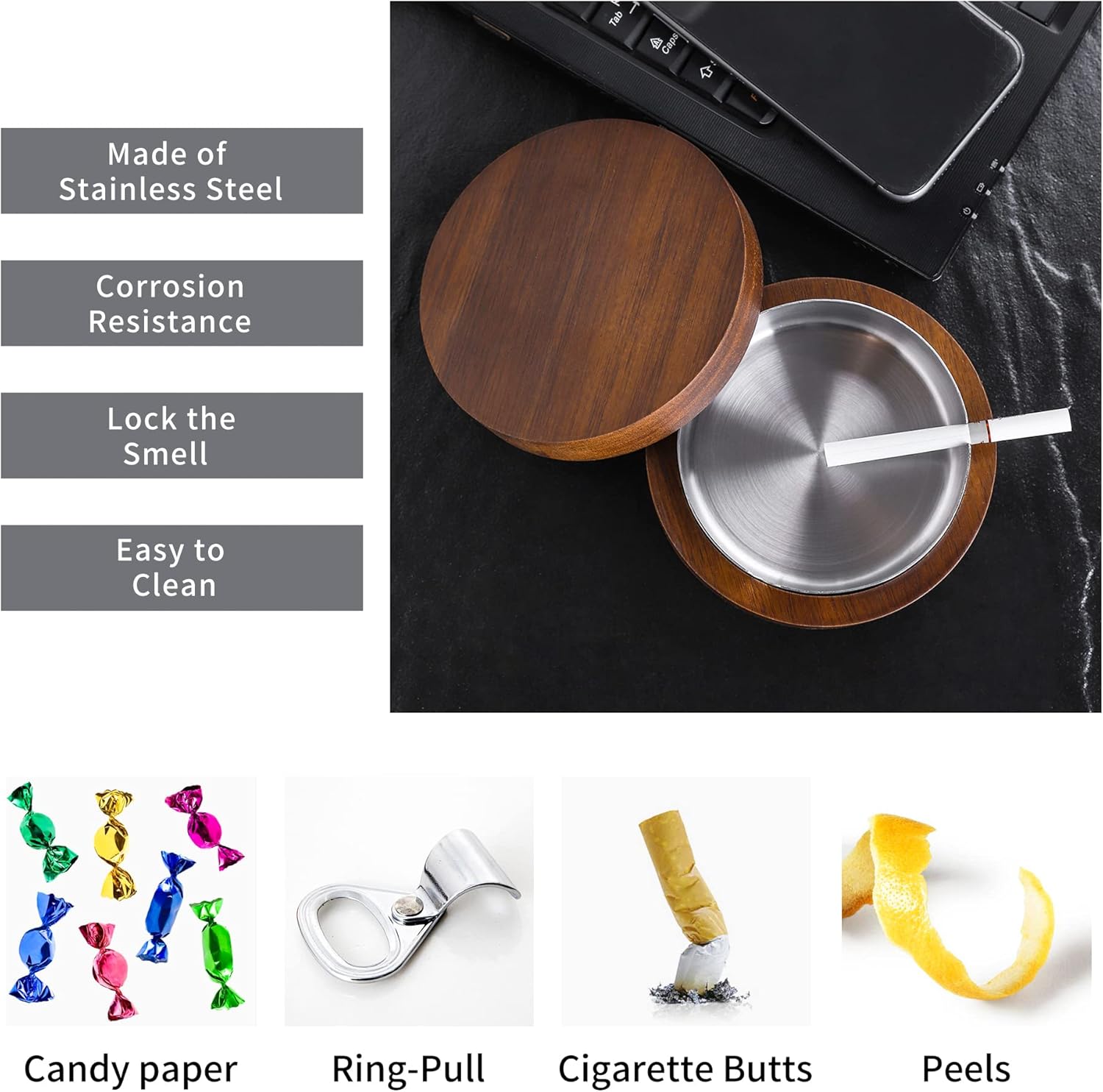 Wooden Ashtray with Lid and Stainless Steel Liner