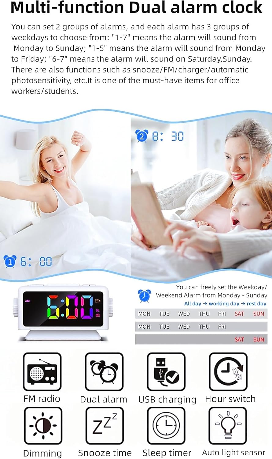YHFITN Large Screen RGB Alarm Clock with 2 Alarms