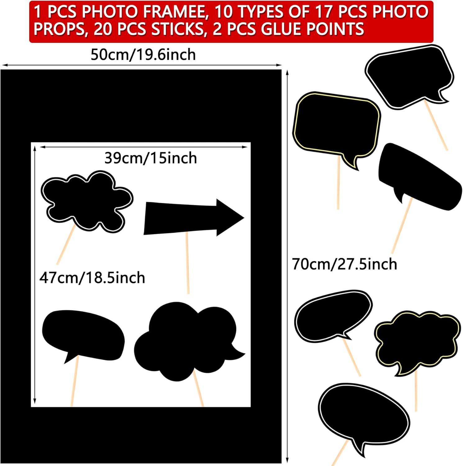 18pc Blank Photo Booth Props with Black Chalkboard Frame and Bubble Backdrop
