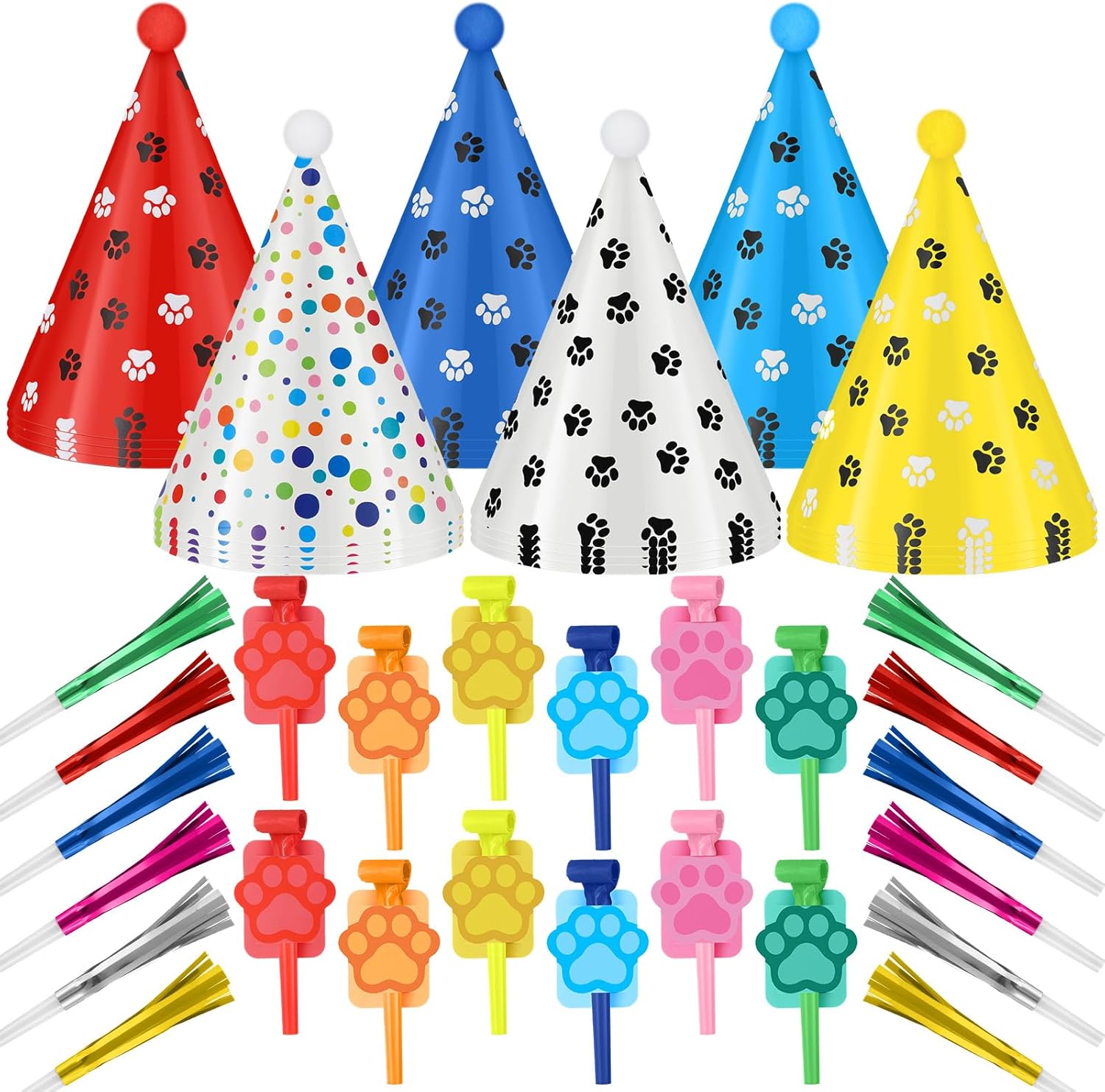 72 Pcs Dog Paw Party Hat Set with Blowers and Noise Makers